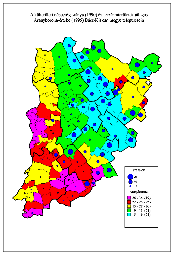 A klterleti npessg arnya (1990) s a szntterletek tlagos aranykorona
rtke (1995) Bcs-Kiskun megye teleplsein